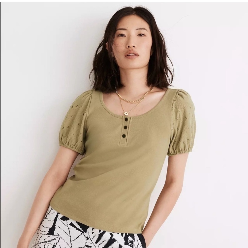 Madewell Boho Wyelet Puff Sleeve Too Size Small in Ash Green